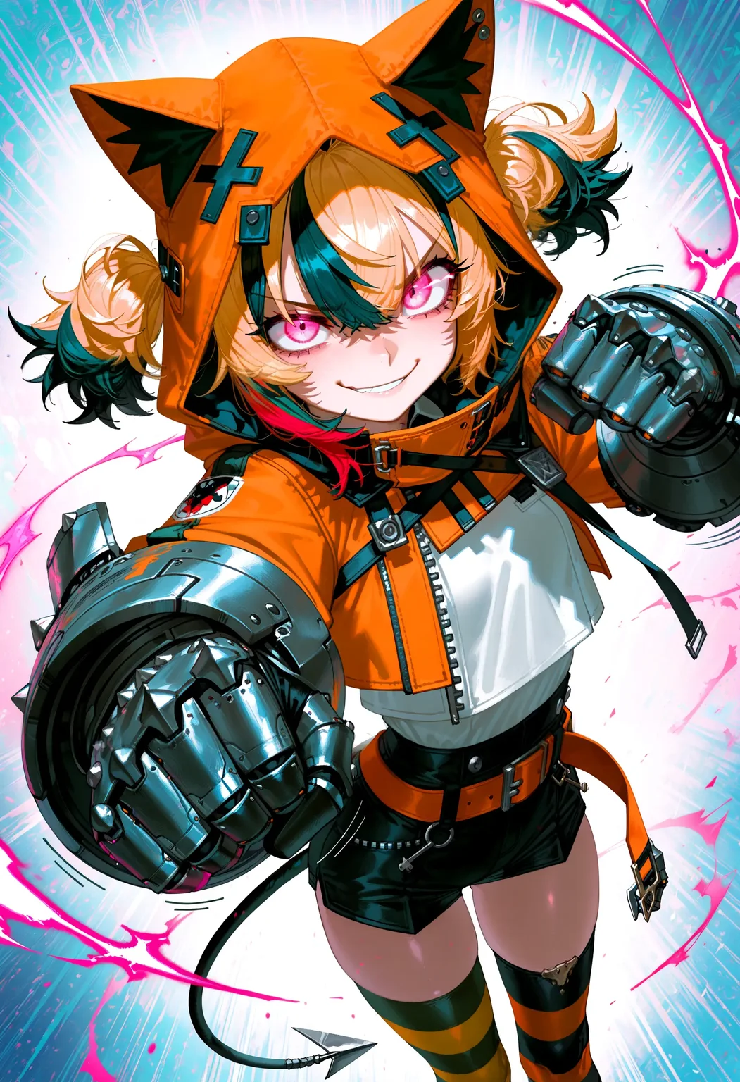 lazypos, by z-ton, (tianliang duohe fangdongye:0.8), krekkov, quasarcake, rella,
1girl, solo, gigi murin, pink eyes, multicolored hair, short twintails, ahoge, animal hood, hood up, orange jacket, cropped jacket, white shirt, mechanical gauntlets, orange belt, black shorts, single thighhigh, striped thighhigh, tail, incoming punch, foreshortening, oversized gauntlets, smirk, glowing eyes, motion lines, eye trail, light trail, action pose, dutch angle, abstract background