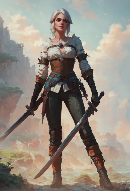 score_9, score_8_up, score_7_up, 1girl, ciri_w3, sword, bright green eyes, holding sword, <lora:Concept Art Style SDXL_LoRA_Pony Diffusion V6 XL:0.8>, concept art, <lora:witcher3_ciri_yen_triss_pony:0.5>