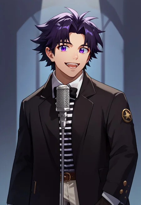 score_9, score_8_up, score_7_up, source_anime, 1boy, IncrsNeverGonnaGiveUUp, smile, looking at viewer, microphone stand, upper body, black jacket, striped shirt, open mouth, suit, open jacket, <lora:NeverGonnaGiveYouUp_XLPD:1>, detailed skin,revin,black_bow,black_gloves,dark_hair,purple eyes,smile,<lora:revin_brenten10:1>,