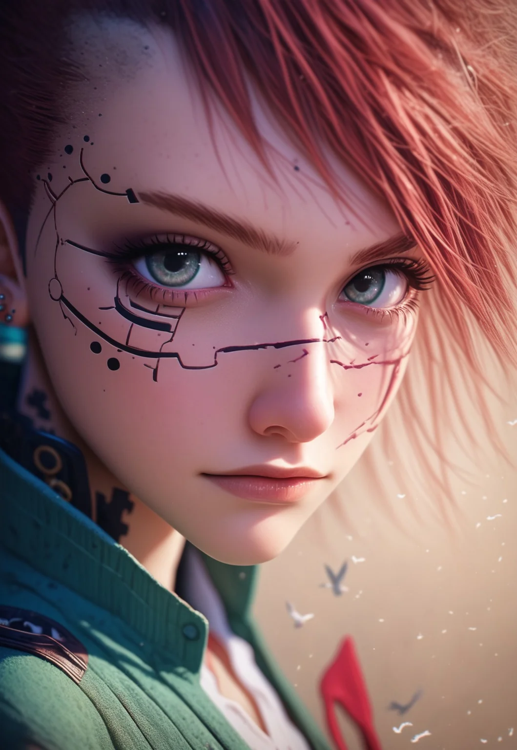 Score_9, score_8_up, score_7_up, score_6_up, score_5_up, score_4_up, Cute high school girl wearing a pale mint green cardigan over a white shirt with a red checked ribbon belt. Gray eyes, long brown hair, punk vibe. Close-up of face, holding a samurai sword. Cuts on face, skirt and shirt cut to expose skin, bird's-eye view composition, gothic, delicate and cool original quality, masterpiece, best quality, high quality, super detailed, insanely detailed, exquisite, beautiful, punk, cute, cyberpunk, steampunk, depth of field, blurry effect, dust, ashes,