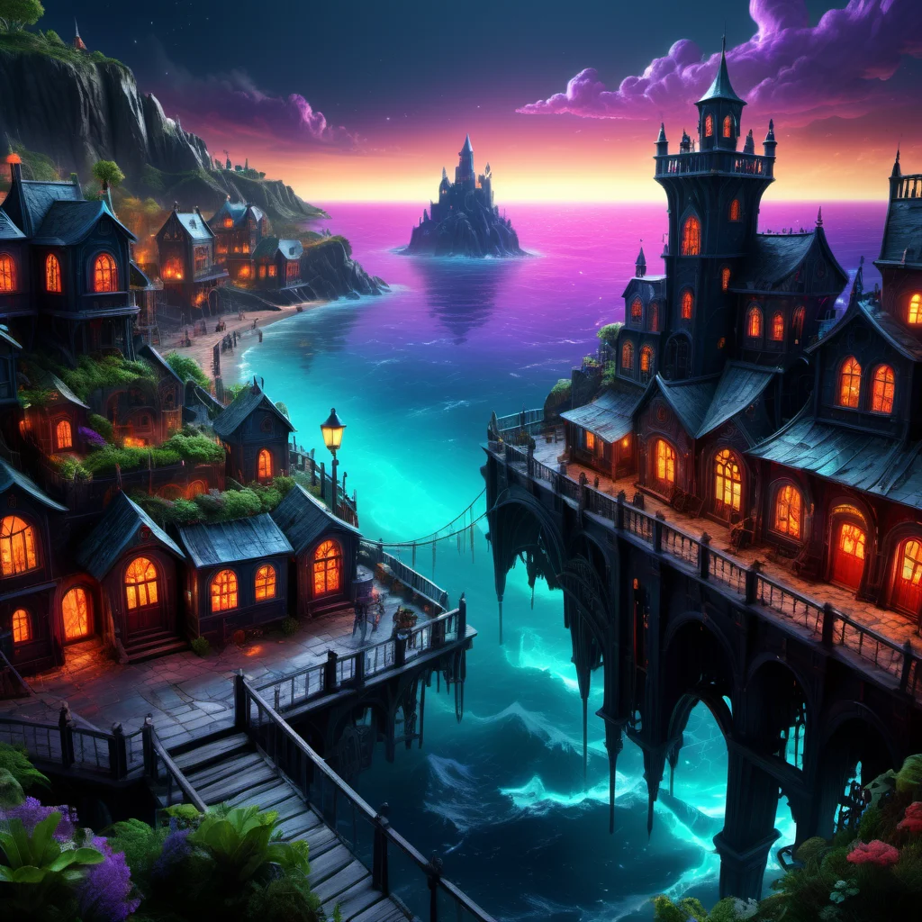 ((best quality)), ((masterpiece)), ((realistic,digital art)), (hyper detailed), Coastal Town,fantasy, fariytale, magical, magic, 8K, HDR <lora:DonM5yn1hXL-000014:1>