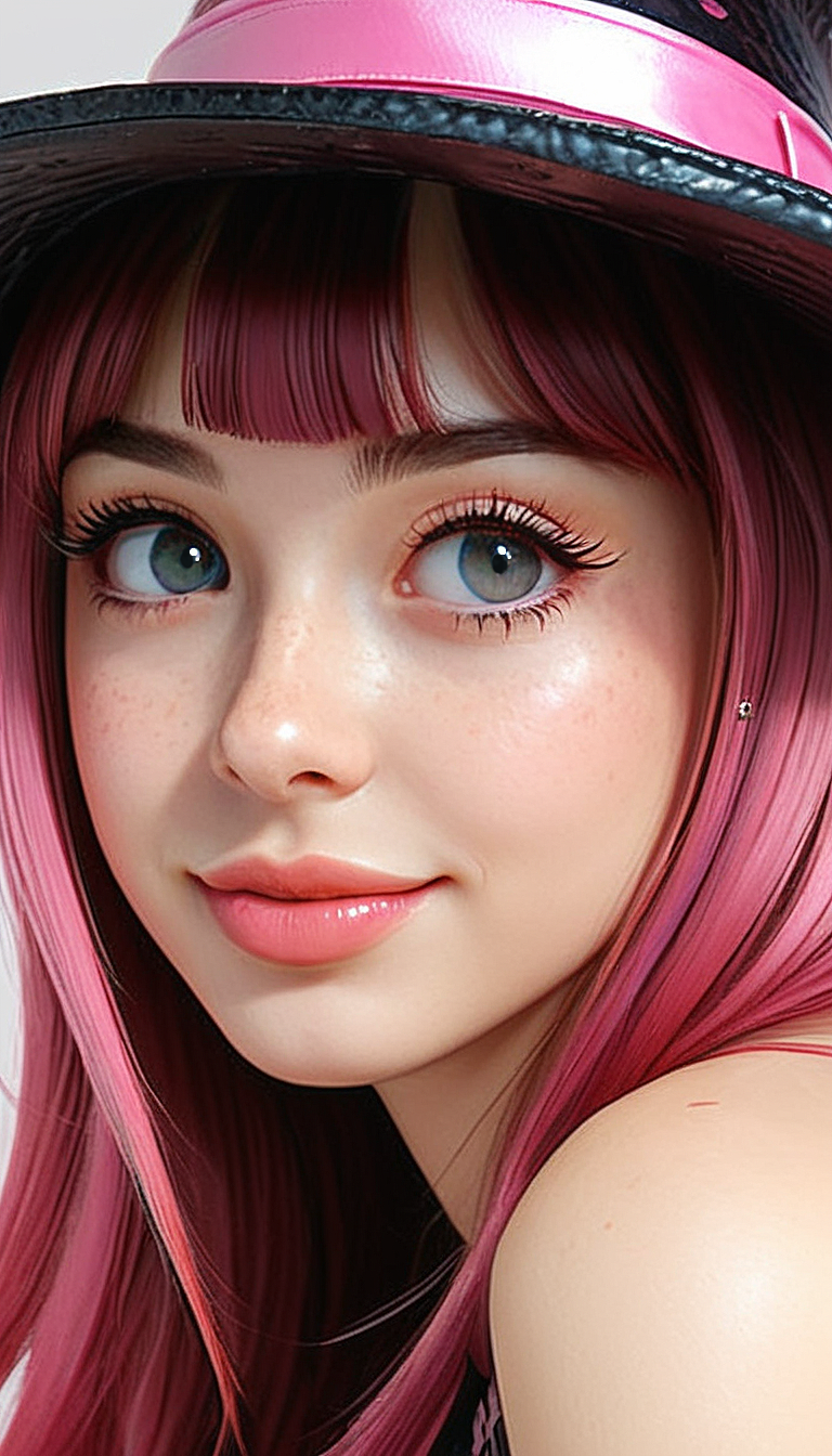 (Cel-shading:1.8), (in ARTIST style:1.7), (masterpiece:1.7), tsundere, CivChan, cartoon style, comics style, pink theme, from side,
(masterpiece), (best quality), (ultra-detailed)
(Medium shot:2) gorgeous girl face, cute, beautiful, gorgeous, smiling:1.1, (both hands on cheeks:1.1), showing emotions, perfect body, solo, long hair, (very long eyelashes:2),perfect pink hair, streaked pink hair, , bangs, freckles, striking large eyes, aligned eyes, mirror eyes, witch costume, witch hat, , indoor witch hut, gorgeous,pink theme,
eyeliner, trendy portrait, bare shoulders, tender Aesthetic nose, perfect lips, gorgeous lips, puffy lips, sensual lips, cinematic,
(masterpiece), (best quality), (incredibly detailed:1.4) (beautiful detailed face, beautiful detailed eyes), (ultra-detailed), very aesthetic, illustration, perfect composition, intricate details, absurdres, detailed skin, clean skin,  pure skin,
(masterpiece:1.8), (highest detailed:1.8), (angle:0.9), perfectly lighted, (contrast), (saturated), (((sharp focus))), (hyperdetailed:1.3), (intricate details:1.2), (Refined details:1.3), (best quality:1.5), highly detailed textures,
<lora:Apparatus_-_Traction_City_Walkers_Vehicles:0.6>,
<lora:add-detail-xl:1> (ultra sharp focus:1.8), (detailed skin:1.8), (best quality:1.8),
<lora:glowneon_xl_v1:0.6>
<lora:Someplastic_b:1>