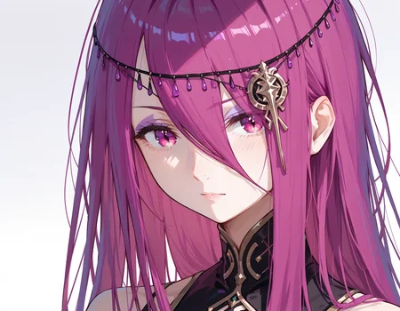 <lora:Sekhmet_ReZero_r1:0.7>, very long hair, sekhmet, magenta hair, magenta eyes, face, close up, score_9, score_8_up, score_7_up, score_6_up, score_5_up, score_4_up, source_anime