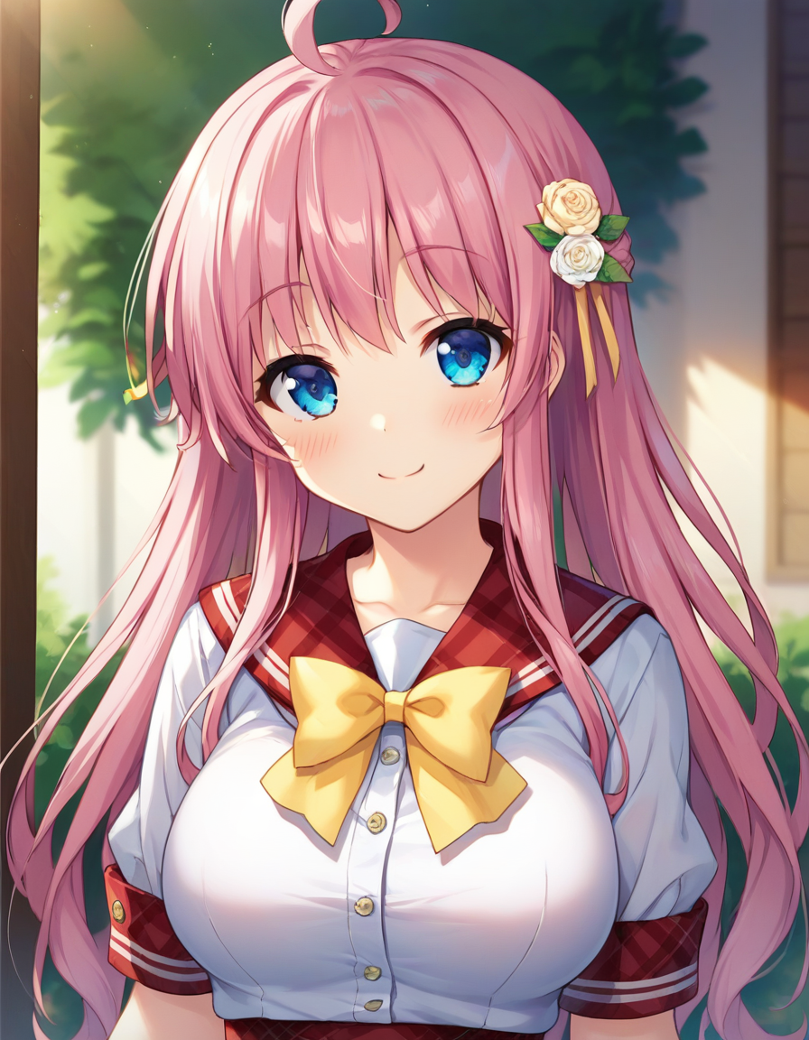 score_9,score_8_up,score_7_up,score_6_up BREAK official art,solo,outdoors,upper body,(portrait:1.5),looking at viewer,facing viewer,smile,blush,Nanase Momoka,ahoge,long hair,pink hair,hair flower,hair ornament,sidelocks,bangs,blue eyes,red sailor collar,plaid sailor collar,pink bow,yellow ribbon,white shirt,short sleeves,large breasts,red skirt,plaid skirt,frilled thighhighs,white thighhighs,loafers,<lora:Nanase Momoka(ip2)-Pony:1.2>,
