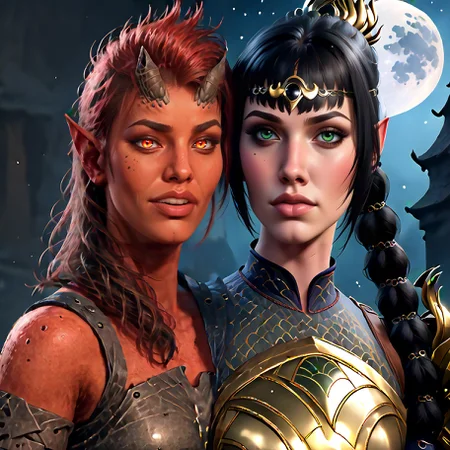 score_9,score_8_up,score_7_up,score_6_up,score_5_up,score_4_up,rating_questionable,extremely detailed,high quality,realistic,beautiful eyes,moon,night,2girls,looking at viewer
BREAK
karlach,glowing eyes,red skin,horns,(steel armor:1.2),smile
<lora:Karlach_PonyXL:0.7>
BREAK
shadowheart,black hair,braided ponytail,green eyes,circlet,armor
<lora:ShadowHeartXL:0.7>