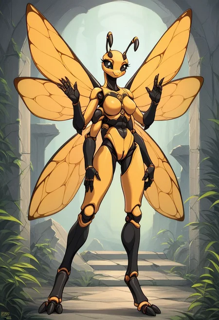 score_9, score_8_up, score_7_up, score_6_up, score_5_up, score_4_up,
source_anime, source_furry, source_cartoon, rating_explicit,
solo, female,
black and yellow body, fur, fluffy, furred body,
anthro,
arthropod, insect, black eyes, exoskeleton, joints,
honeybee,
4 wings, multi wing, wings,
2 antennae, antennae anatomy,
2 toes, toes, feet, digitigrade,
4 arms, 5 fingers, fingers, multi arm,
smile, pose,
ruins,
detailed background, digital art, hi res, detailed, fantasy art,
Vintage, 1990s \(style\), 90s4n1m3, retro artstyle