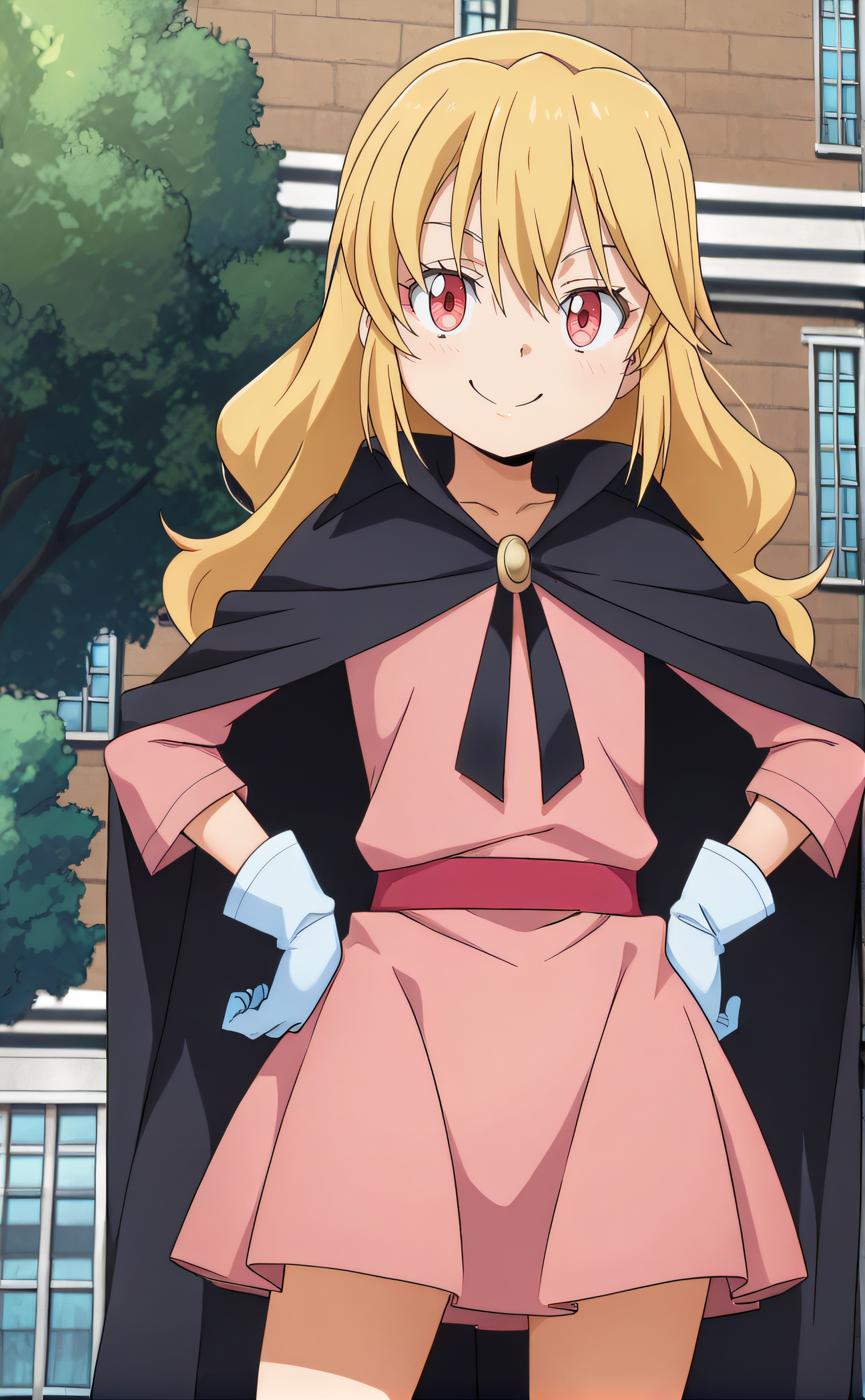 masterpiece, best quality, highres, newest, 1girl, solo, official style, anime screencap, <lora:IL_Alice_Rondo:1>, alicerondo, red eyes, blonde hair, long hair, black cape, pink dress, red belt, white gloves, looking at viewer, smile, outdoor, cowboy shot, hands on hips