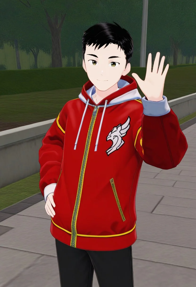 harmard, black hair, short hair, brown eyes, 1boy, solo, solo focus, red_white_jacket, black pants, young man, youthful, outdoor setting, right hand waving gesture, left hand leans on hip, young, youthful