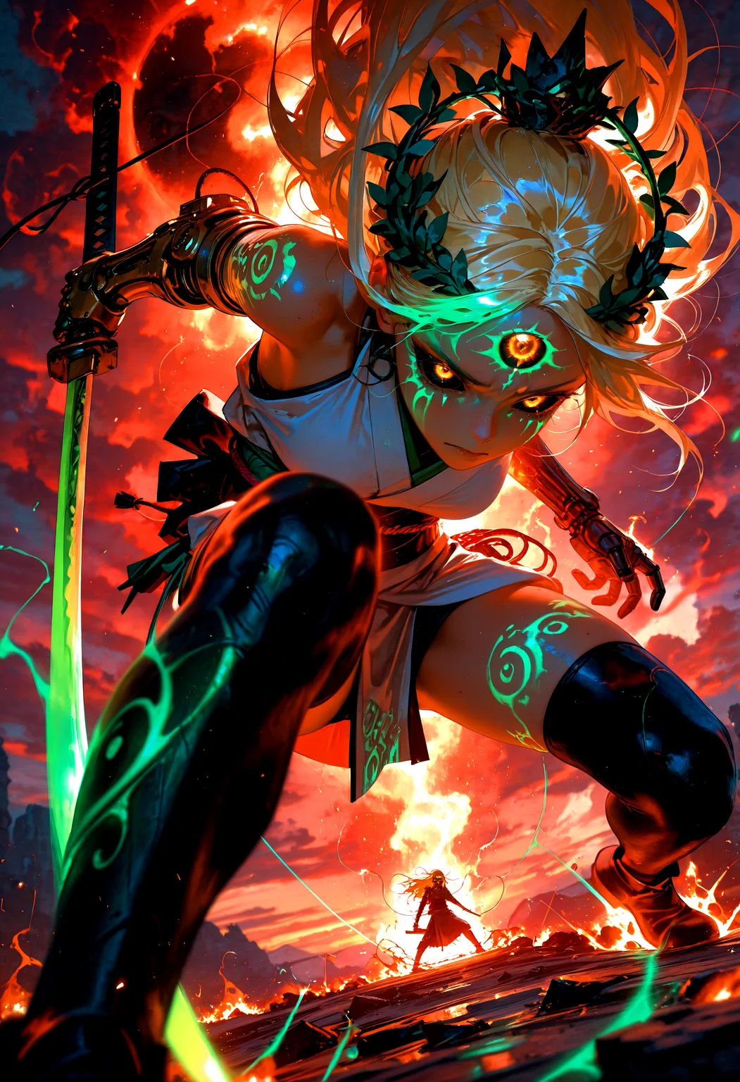 HDR, 8K, high contrast, masterpiece, best quality, amazing quality, very aesthetic, superabsurd res, high resolution, ultra-detailed, absurdres, newest, scenery, (horikoshi kouhei:0.3), (quasarcake:0.3), (wlop:0.3), lightrays, chiaroscuro, dynamic angle, mythp0rt, 1space spirit girl, ((solo)), burning body, ((extremely bright nebula surrounding girl, massive thick shockwave ring surrounding girl)), wearing white kimono, thorn crown, glowing third eye, eldritch third eye, perfect golden eyes, sad face, ((glowing face warpaint)), hime cut, blonde hair, limited green palette, black sclera, mechanical arm, sunrise stance, holding, holding katana, katana shining, motion lines, motion blur, dynamic angles, close up, face focus, stockings, glowing, epic, backlighting, partially illuminated, Intricately designed, Mysterious Shadows, BREAK, photorealistic, beautiful detailed eyes, detailed skin, detailed hair, volumetric lighting, dappled light, light particles, dramatic shadows, cinematic lighting, photo background, depth of field, <lora:ponyxl\cfg_scale_boost:0.7> <lora:IL\ILLMythP0rtr4itStyle:1>