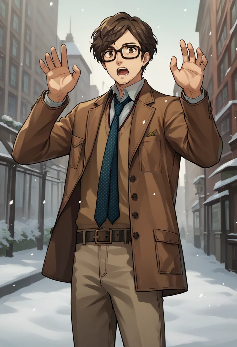 score_9, score_8_up, score_7_up, source_anime, 1boy, solo, cowboy shot, looking at viewer, surprised, open mouth, hands up, <lora:MarukiP5-pdxl:1> marukiP5, glasses, stubble, brown jacket, necktie, belt, pants, outdoors, city, snow