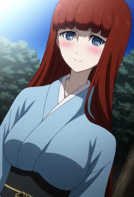 rating_safe, Ultra-high-detailed Anime illustration of Kagari Shiina from Anime Steins;Gate 0. The artwork features Kagari in a solo, standing position with a outdoors, flield and  background. firework exploding in background in the sky. night time. night.
She is depicted with intricate details showcasing her large breasts, natural_breasts. She is a white skinned, 22 years old woman. Kagari is looking_at_viewer with perfect_eyes, Her pupils are highly detailed. The eyes are open. blue eyes. Kagari's eyes are highlighted. Highlighted eyevrows. 
She has long hair, red colored hair, styled in blunt bangs and floating hair.
She is wearing a blue kimono and black shoes. japanese kimono, kimono.
The artistic style is intricate_details_xl with a focus on Anime art. The color palette emphasizes red and black with detailed strokes to bring out the character's features. The lighting creates dramatic shadows and highlights, adding depth to the artwork. The perspective is from a face focus, dutch angle to enhance the impact of the character's expression. This masterpiece is a true portrayal of Kagari's complex personality and will captivate any fan of Kagari. uncensored, upper body, blushing, smile, Kagari Shiina,
perfecteyes,
<lora:Steins_Gate:1>
kimono