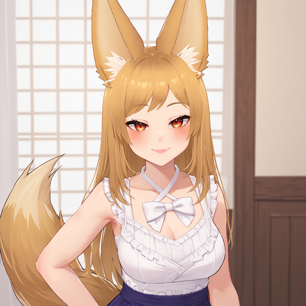 score_9,score_8_up,score_7_up, 1girl,  <lora:Nemeko:0.9>, Nemeko, fox ears, mole under mouth, long hair, tail, looking at viewer, smug, cowboy shot, white top, best quality, masterpiece,  indoors