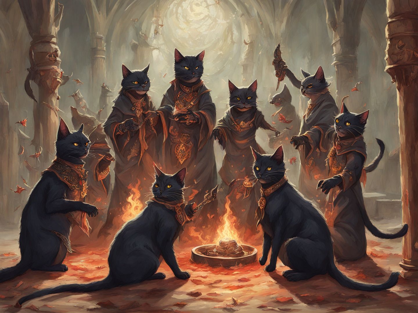 Demonic HuMeow warlocks performing a forbidden ritual <lora:SDXL-HuMeow-LoRA-r8-000003:1>