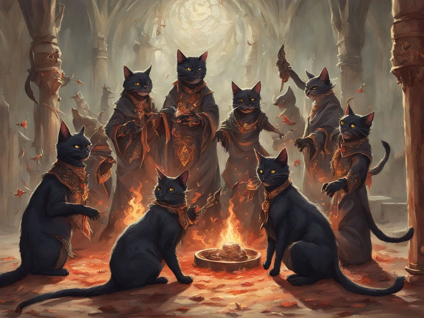 Demonic HuMeow warlocks performing a forbidden ritual <lora:SDXL-HuMeow-LoRA-r8-000003:1>