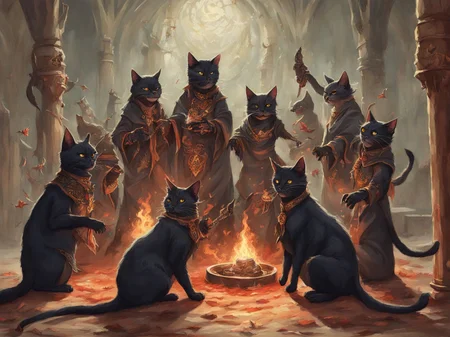 Demonic HuMeow warlocks performing a forbidden ritual <lora:SDXL-HuMeow-LoRA-r8-000003:1>