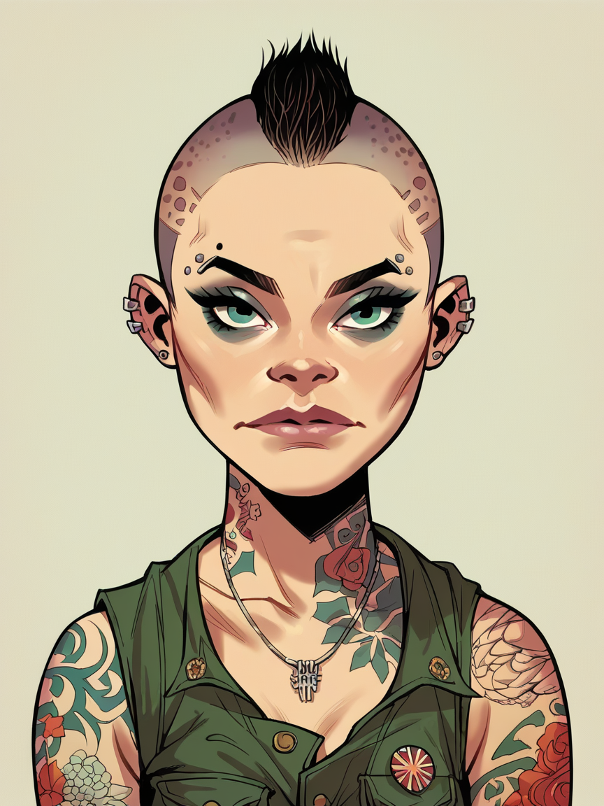 score_9, score_8_up, score_7_up, score_6_up, score_5_up,  <lora:H3wl3ttXLP:1> h3wl3tt, girl, shaved head, tattoos, military,