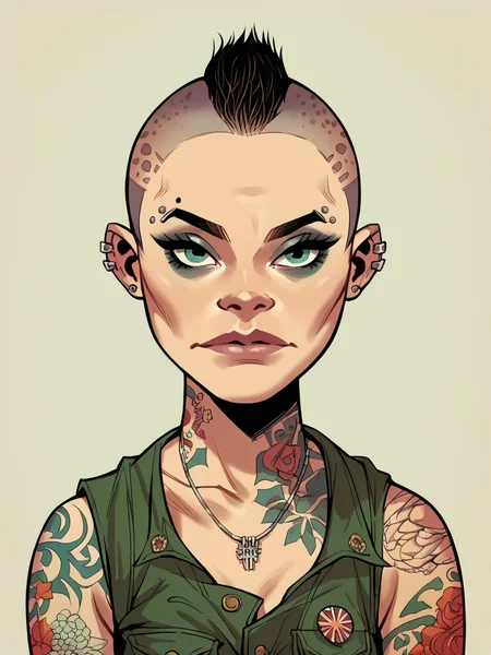 score_9, score_8_up, score_7_up, score_6_up, score_5_up, <lora:H3wl3ttXLP:1> h3wl3tt, girl, shaved head, tattoos, military,