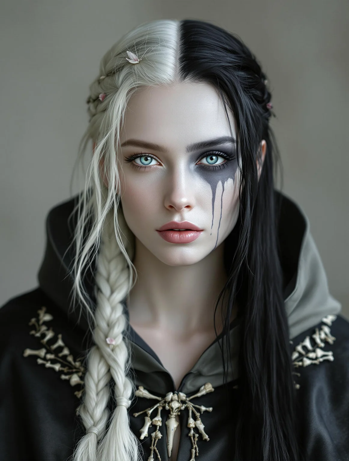 nbn-hel, A softly lit, symmetrical close-up portrait of Hel, the Norse goddess of death, shown from the front. Her expression is serene and timeless. Her face transitions seamlessly from life to death across the vertical axis. From the viewer’s left, she appears luminous and alive — with radiant pale skin, soft lips, and flowing white hair braided with silver and flower petals. Toward the center, the light fades gently, and by the viewer’s right side, her skin subtly darkens into a cooler tone. The dead half is not skeletal, but marked with faint, root-like scars and a muted grey eye. Her black hair hangs long, smooth, and slightly wet. The shift between the two halves is gradual and natural, as if shadow and light blend together. Her cloak reflects the same duality, with soft embroidery fading into raw threads and bone motifs. The background is blurred and neutral, allowing the fusion of beauty and decay to remain the focus.