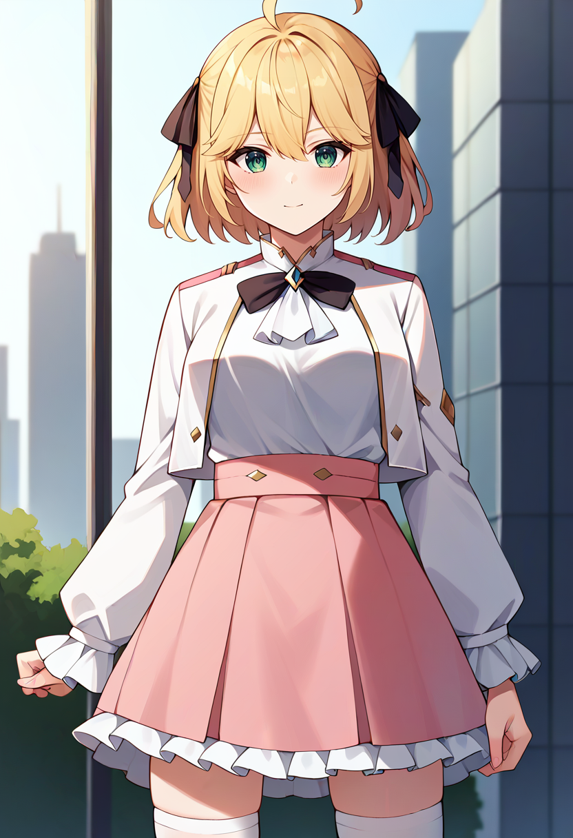 score_9,score_8_up,score_7_up,score_6_up,score_5_up,score_4_up,
1girl, anisphia wynn palettia, short hair, two side up, ahoge, hair ribbon, white shirt, shirt tucked in, high-waist skirt, pink skirt, frilled skirt, white jacket, cropped jacket, frilled sleeves, white ascot, neck ribbon, black ribbon, frilled thighhighs, white thighhighs, breasts,
solo, cowboy shot, outdoors, city, looking at viewer,
<lora:anisponyxl:1>