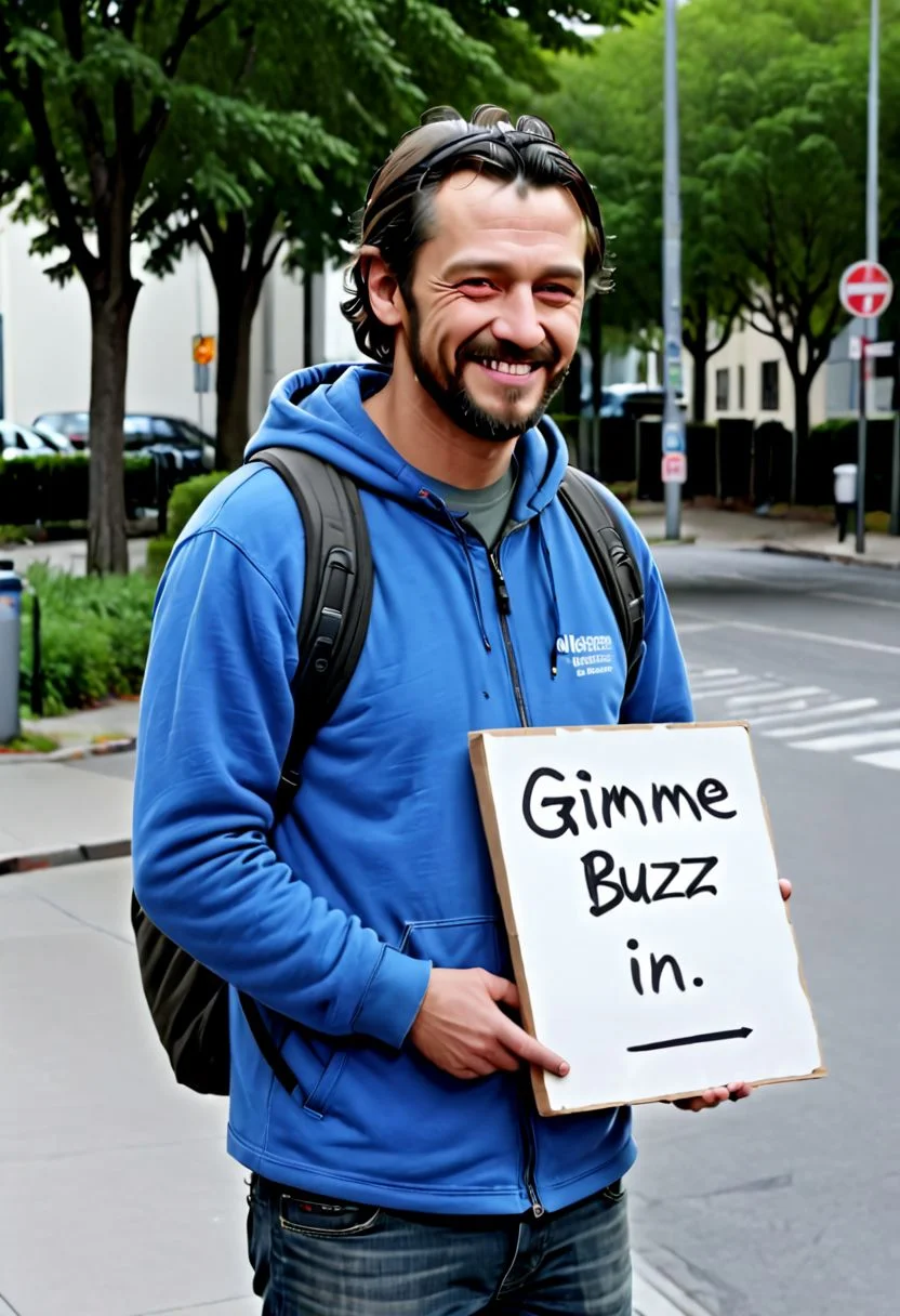 Homeless guy standing on the street ( wearing a sign, with the words written: (( Gimme BUZZ )) in it, with a frown smile on his face, High quality, realistic, 8K, UHD