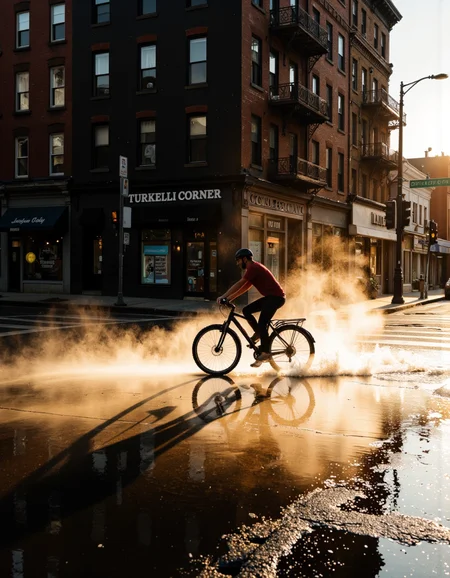 This is a photograph capturing a solitary cyclist riding a bicycle through a wet urban street. The cyclist, a person of average build, is dressed in casual attire, including a red short-sleeved shirt, dark pants, and a dark helmet. They are riding a black bicycle, which is splashing through the puddles, creating a misty spray that catches the light of the setting sun. The cyclist is silhouetted against the warm, golden light of the late afternoon or early evening sky, casting a dramatic shadow on the wet pavement. The background features a row of multi-story buildings, predominantly constructed from brick with some painted surfaces. The left building has a sign advertising "TURKELLI CORNER," while the right building has a sign for "LITTLE ITALY." The street is lined with streetlights and a traffic light is visible on the right side. The wet pavement reflects the light, creating a shimmering effect. The overall mood of the photograph is serene yet dynamic, capturing the essence of an urban moment in motion. The photograph's composition and lighting evoke a sense of nostalgia and everyday life in the city. <lora:Dark_side_of_light:0.55>