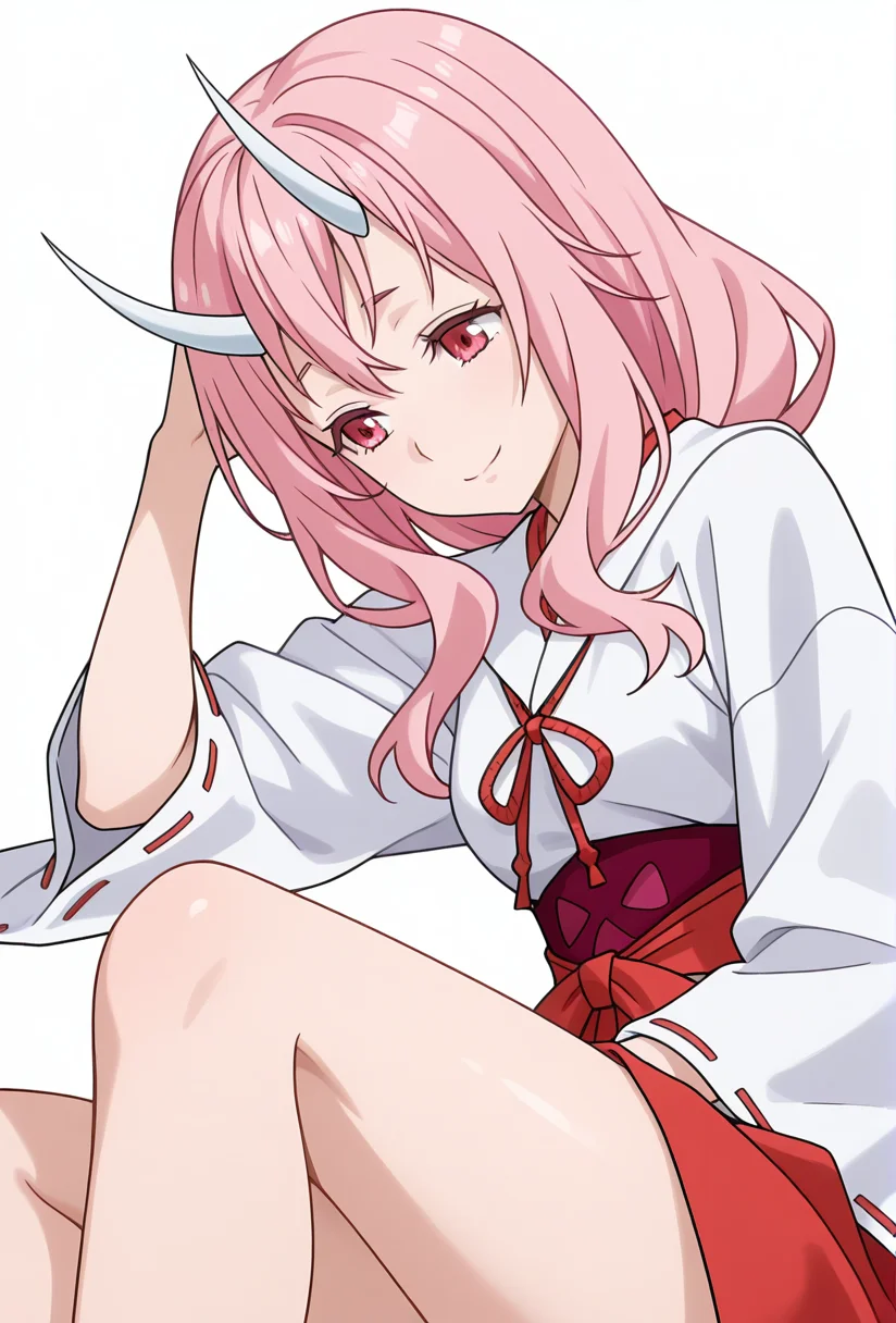 Smooth Quality,masterpiece,very intricate, high quality details, ultra realistic, high detailed skin,detailed enviorement,absurdres,
simple background, white background,solo,
front view,sad smile,lying on side, one arm supporting head, relaxed legs, soft smile, casual vibe,  ,
 <lora:Shuna_CNR:0.8> shuna_cnr, 1girl,pink hair, long hair, red eyes,horns, oni,shuna_def,japanese clothes,white kimono,red hakama, hakama skirt, long sleeves, wide sleeves,ribbon-trimmed sleeves, sash