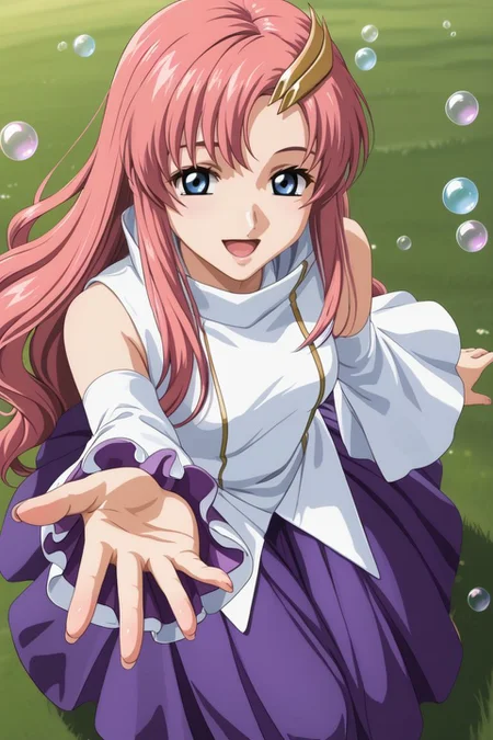 source anime, detailed, official art, masterpiece,
<lora:HandFineTuning_XL:1>
BREAK,
flower field, floating bubbles,
open smile, from above, looking at viewer, hand reaching out,
BREAK,
<lora:estelle_pdxl_v02_1:0.8>
lacusbase, pink hair, long hair, wavy hair, hair ornament, blue eyes, frilled sleeves, sleeveless, very long hair, detached sleeves, purple skirt, sidelocks , long dress, white footwear,