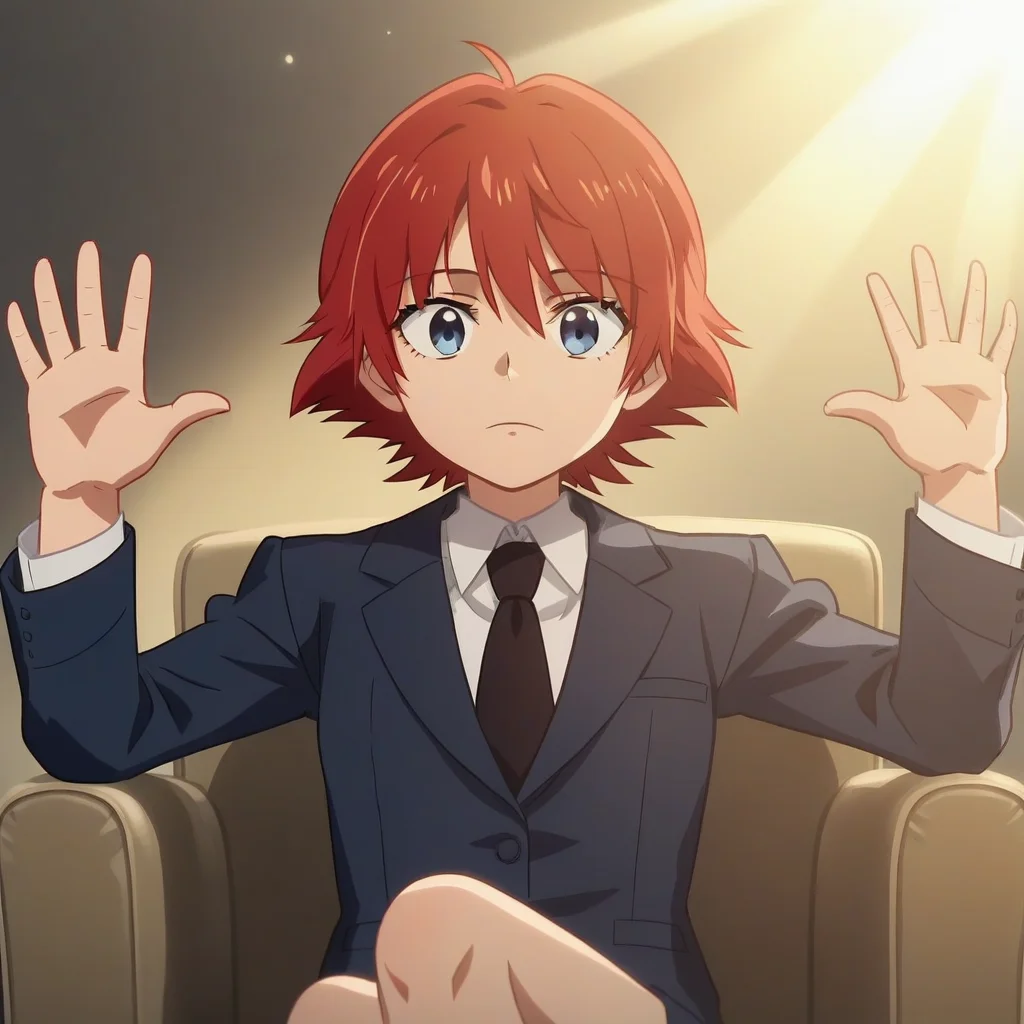 score_9_up, score_8_up, BREAK, ScorseseCinemaMeme, on chair, sitting, hands up, 1girl, solo, red hair, short hair, blue eyes, suit, formal, necktie, <lora:ScorseseCinemaMeme_PXL_Leaf2:0.8>, caustics, light rays, anime screencap,