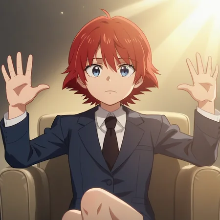 score_9_up, score_8_up, BREAK, ScorseseCinemaMeme, on chair, sitting, hands up, 1girl, solo, red hair, short hair, blue eyes, suit, formal, necktie, <lora:ScorseseCinemaMeme_PXL_Leaf2:0.8>, caustics, light rays, anime screencap,