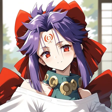 score_9, score_8_up, score_7_up, source_anime, rating_explicit, BREAK <lora:kakurine_Ver2.1_XL:1> kakurine, forehead mark, red eyes, purple hair, long hair, sidelocks, hair bow, red bow, collar,
headshot.
tatami, Japanese room,