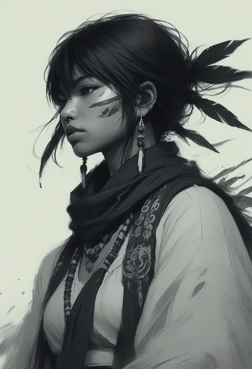 ,BAMF-Illu, closeup portrait of nistyle, two tones bleaked manga sketch In the style of ff-evv with deep blacks, A Closeup Portrait of a DARK native American Sioux outlaw cowboy, extreme Closeup of her Face - shrouded in mystery. She wears a, tattered high collar scarf that billows dramatically in the wind, creating a striking contrast against the rugged landscape. Hyperdetailed badass Closeup, hyperdetailed, deadly Gaze, vivid white chin-tattoo realistic photography, very awa ,masterpiece, best quality, very aesthetic, absurdres, haiz_ai, no lineart,no outline,