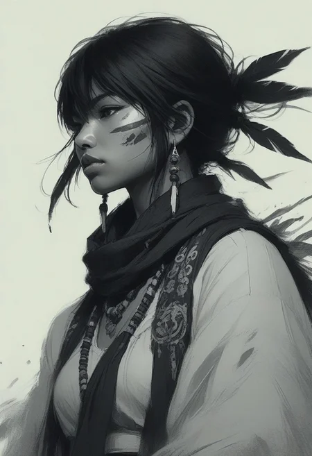 ,BAMF-Illu, closeup portrait of nistyle, two tones bleaked manga sketch In the style of ff-evv with deep blacks, A Closeup Portrait of a DARK native American Sioux outlaw cowboy, extreme Closeup of her Face - shrouded in mystery. She wears a, tattered high collar scarf that billows dramatically in the wind, creating a striking contrast against the rugged landscape. Hyperdetailed badass Closeup, hyperdetailed, deadly Gaze, vivid white chin-tattoo realistic photography, very awa ,masterpiece, best quality, very aesthetic, absurdres, haiz_ai, no lineart,no outline,