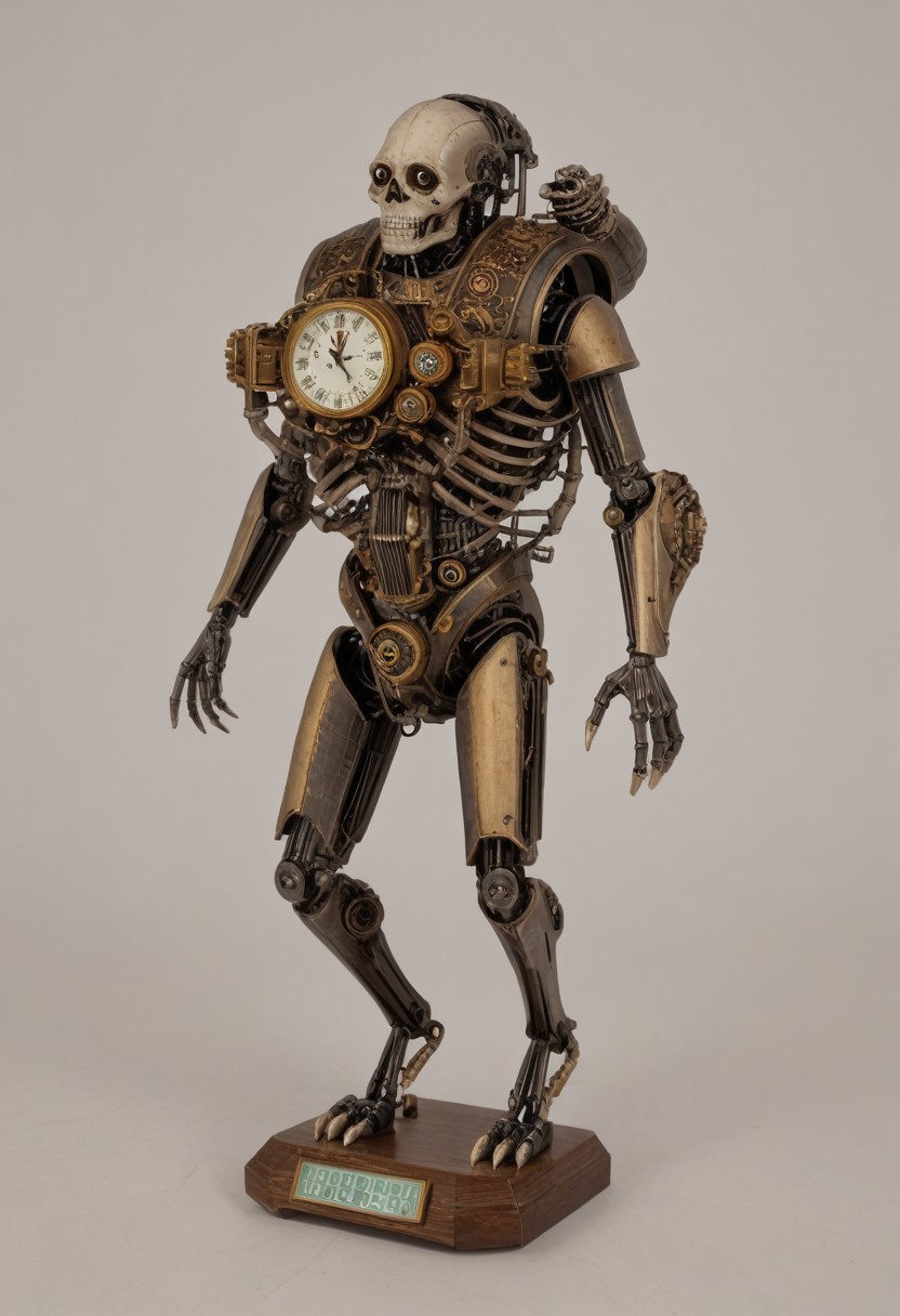 This is a highly detailed CGI rendering of a humanoid figure with a skeletal frame, resembling a steampunk or mechanical design. The figure stands upright in a clock based sci-fi future world. The skeletal structure is intricate, with multiple joints and bones clearly visible, giving it a robotic appearance. The head is a large, round, clock-like mechanism with Roman numerals and a small, central arrow pointing to the time "IIII." The clock face is surrounded by ornate, golden metalwork and a complex network of gears and cogs, suggesting a high level of mechanical sophistication. The figure's arms and legs are elongated and thin, with visible tendons and joints, adding to the mechanical feel. The hands and feet are claw-like, with sharp, metallic talons. The entire figure is made of a light brown, metallic material, giving it a weathered, aged look. There are additional mechanical parts and tubes attached to the figure's torso, suggesting advanced engineering or a steampunk aesthetic. The overall style is reminiscent of Victorian-era machinery, with a blend of organic and mechanical elements. The image is highly detailed, with a realistic texture and shading that emphasizes the intricate design and craftsmanship.