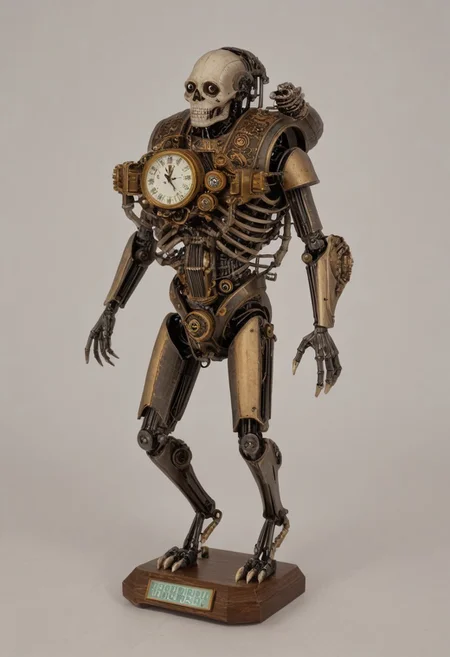 This is a highly detailed CGI rendering of a humanoid figure with a skeletal frame, resembling a steampunk or mechanical design. The figure stands upright in a clock based sci-fi future world. The skeletal structure is intricate, with multiple joints and bones clearly visible, giving it a robotic appearance. The head is a large, round, clock-like mechanism with Roman numerals and a small, central arrow pointing to the time "IIII." The clock face is surrounded by ornate, golden metalwork and a complex network of gears and cogs, suggesting a high level of mechanical sophistication. The figure's arms and legs are elongated and thin, with visible tendons and joints, adding to the mechanical feel. The hands and feet are claw-like, with sharp, metallic talons. The entire figure is made of a light brown, metallic material, giving it a weathered, aged look. There are additional mechanical parts and tubes attached to the figure's torso, suggesting advanced engineering or a steampunk aesthetic. The overall style is reminiscent of Victorian-era machinery, with a blend of organic and mechanical elements. The image is highly detailed, with a realistic texture and shading that emphasizes the intricate design and craftsmanship.