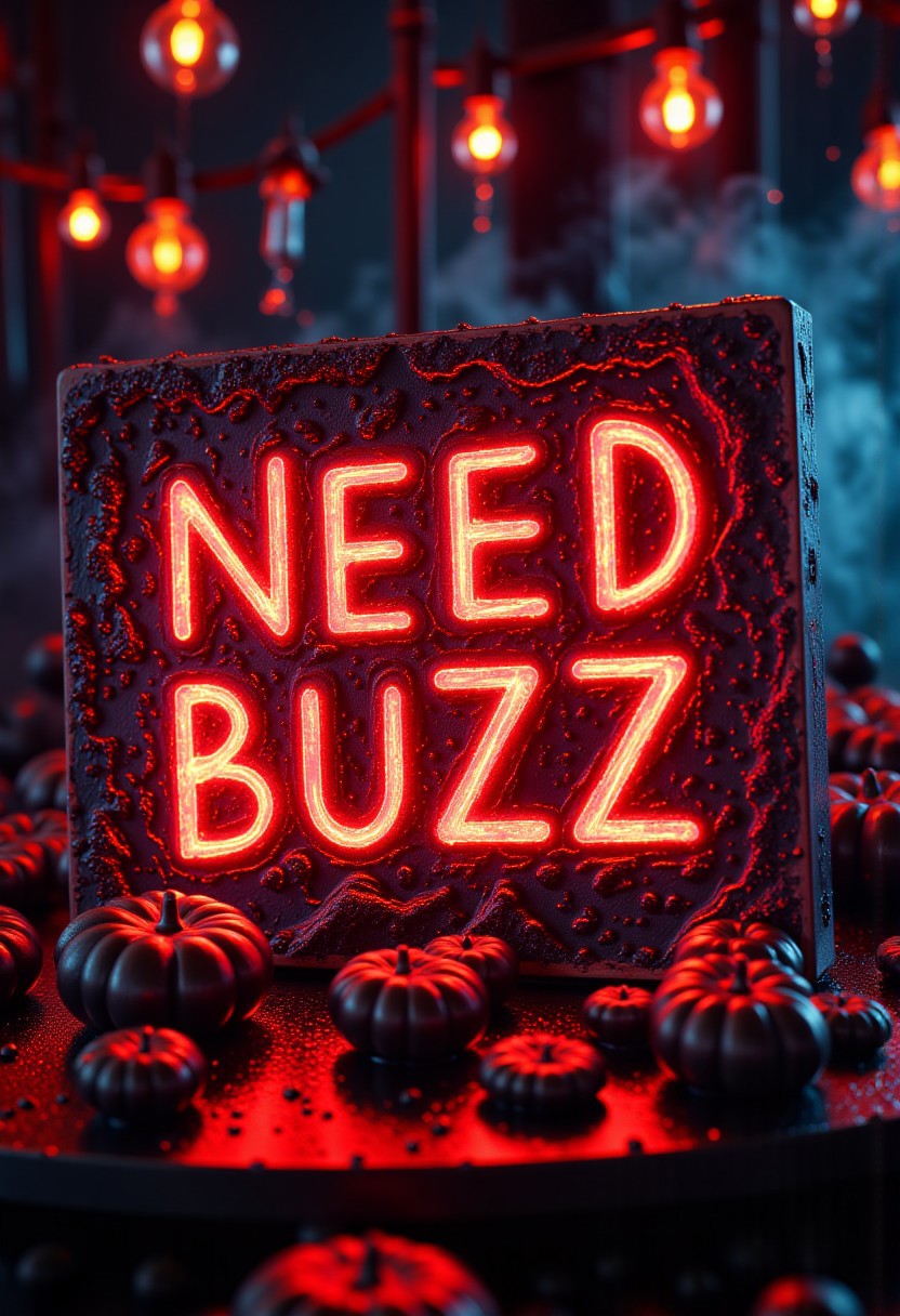 sign saying "NEED BUZZ" written in blood, cute fantasy surrounding happy atmosphere with dark energy emanating from the text halloween style fight scene dragonball z epic eyecatching crazy big mlg pro cloud 9 cs2 gamer