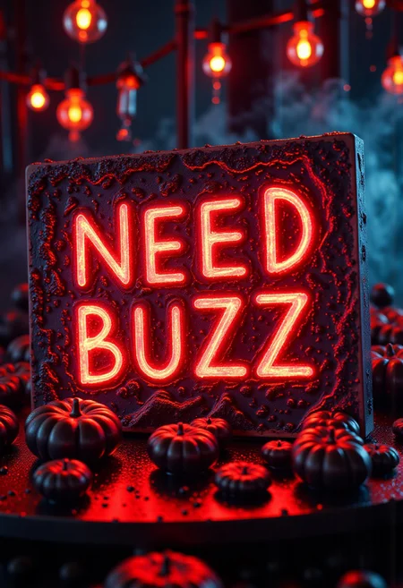 sign saying "NEED BUZZ" written in blood, cute fantasy surrounding happy atmosphere with dark energy emanating from the text halloween style fight scene dragonball z epic eyecatching crazy big mlg pro cloud 9 cs2 gamer