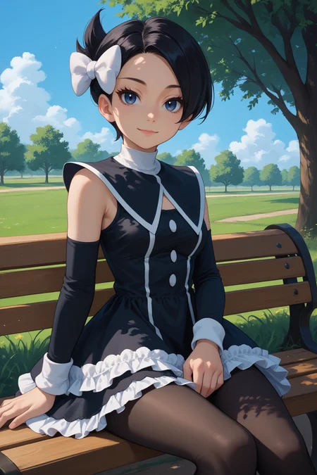 score_9, score_8_up, score_7_up, score_6_up, source_anime, 1girl, solo, <lora:pkmnmarley-pdxl-nvwls-v1-000006:1> pmMly, black hair, short hair, blue eyes, hair bow, white bow, black dress, clothing cutout, frilled dress, sleeveless, detached sleeves, black pantyhose, blue sky, field, medium breasts, sitting, park bench, bench, trees, looking at you, light smile