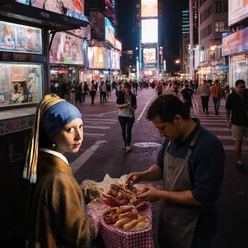Girl with a Pearl Earring by Johannes Vermeer manipulated as street vendor selling hot dogs in Time Square.
