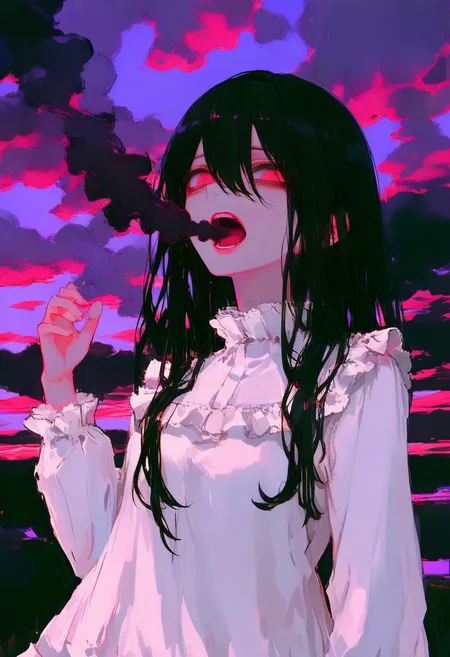 1girl, solo, long hair, black hair, open mouth, sky, cloud, frills, hair between eyes, upper body, long sleeves, looking at viewer, pink eyes, smoke, outdoors, cloudy sky, shirt, teeth, red eyes, purple sky, white shirt <lora:748cmXL_NBVP1_lokr_V6311P:0.95>