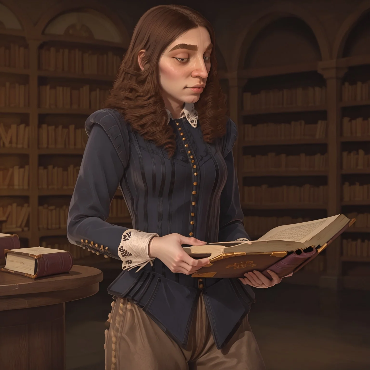 1girl, solo, kristina, long hair, brown hair, dress shirt, brown pants, big nose, thick eyebrows, standing in an old library, reading, holding a book