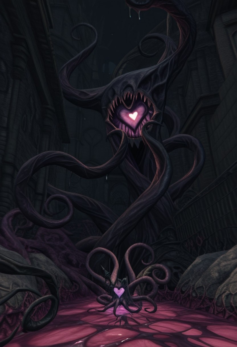 AMAZING QUALITY, MASTERPIECE, W1CK3D, SCENERY, CORRUPTED HEART, NIGHTMARE, ELDRITCH, TENTACLES, TEETH, PURPLE FLESH, PURPLE THEME, GLOWING,