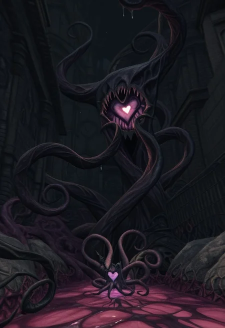 AMAZING QUALITY, MASTERPIECE, W1CK3D, SCENERY, CORRUPTED HEART, NIGHTMARE, ELDRITCH, TENTACLES, TEETH, PURPLE FLESH, PURPLE THEME, GLOWING,