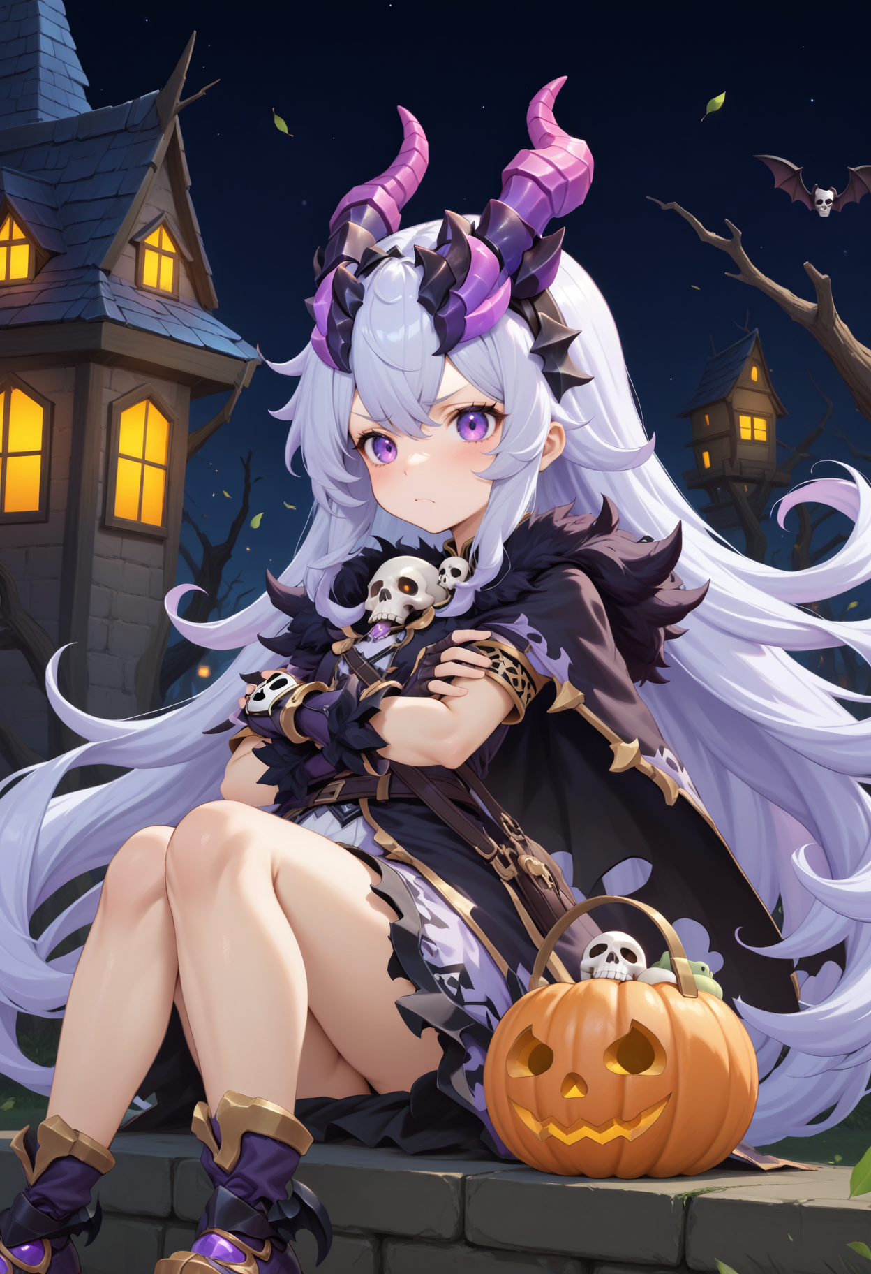 masterpiece, best quality, very aesthetic, absurdres, rom_hela_xl,
1girl, purple hair, horns, purple eyes, grumpy, skull, fingerless gloves, 
sitting, crossed arms, haunted house, withered trees, bats, halloween bucket, pumpkin,
outdoors, moon, (wind, falling leaves, light particles:1.4), light rays, tyndall effect, vivid colors, tranquil and magical atmosphere,
shiny skin, beautiful face, beautiful eyes, extreme detailed, official art, professional illustration, hires,
<lora:rom_hela_xl:1>, <lora:aesthetic_anime_v1s:0.5>, <lora:add_details_xl:0.5>