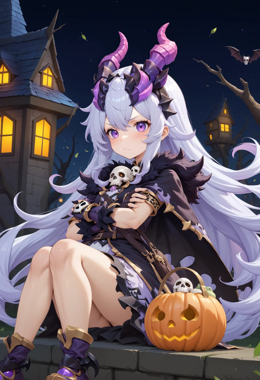 masterpiece, best quality, very aesthetic, absurdres, rom_hela_xl,
1girl, purple hair, horns, purple eyes, grumpy, skull, fingerless gloves, 
sitting, crossed arms, haunted house, withered trees, bats, halloween bucket, pumpkin,
outdoors, moon, (wind, falling leaves, light particles:1.4), light rays, tyndall effect, vivid colors, tranquil and magical atmosphere,
shiny skin, beautiful face, beautiful eyes, extreme detailed, official art, professional illustration, hires,
<lora:rom_hela_xl:1>, <lora:aesthetic_anime_v1s:0.5>, <lora:add_details_xl:0.5>