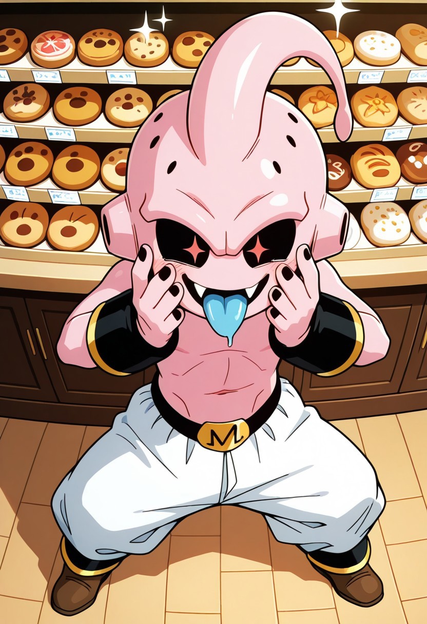 masterpiece, amazing quality, absurdres, ultra-detailed, no humans, solo, short, 
1boy, k1dbuu, pink skin, black sclera, red eyes, sparkling eyes, very big eyes, body holes, ear holes, black nails, antenna, no nose, lowleg pants, white baggy pants, belt, black armbands, black ankle bands, brown shoes, gold trim, smile, open mouth, fang, tongue out, blue tongue, saliva, sparkle, happy, shiny skin, perfect hands, 5 fingers, cute, hands up, hands on own cheeks, standing, legs apart, full body, 
BREAK
indoors, bakery, candy shop, cake, candy, cookie, counter, wooden floor, carpet, shadow, detailed shading, WaiIL25PosC