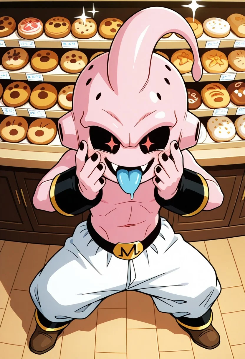 masterpiece, amazing quality, absurdres, ultra-detailed, no humans, solo, short,
1boy, k1dbuu, pink skin, black sclera, red eyes, sparkling eyes, very big eyes, body holes, ear holes, black nails, antenna, no nose, lowleg pants, white baggy pants, belt, black armbands, black ankle bands, brown shoes, gold trim, smile, open mouth, fang, tongue out, blue tongue, saliva, sparkle, happy, shiny skin, perfect hands, 5 fingers, cute, hands up, hands on own cheeks, standing, legs apart, full body,
BREAK
indoors, bakery, candy shop, cake, candy, cookie, counter, wooden floor, carpet, shadow, detailed shading, WaiIL25PosC