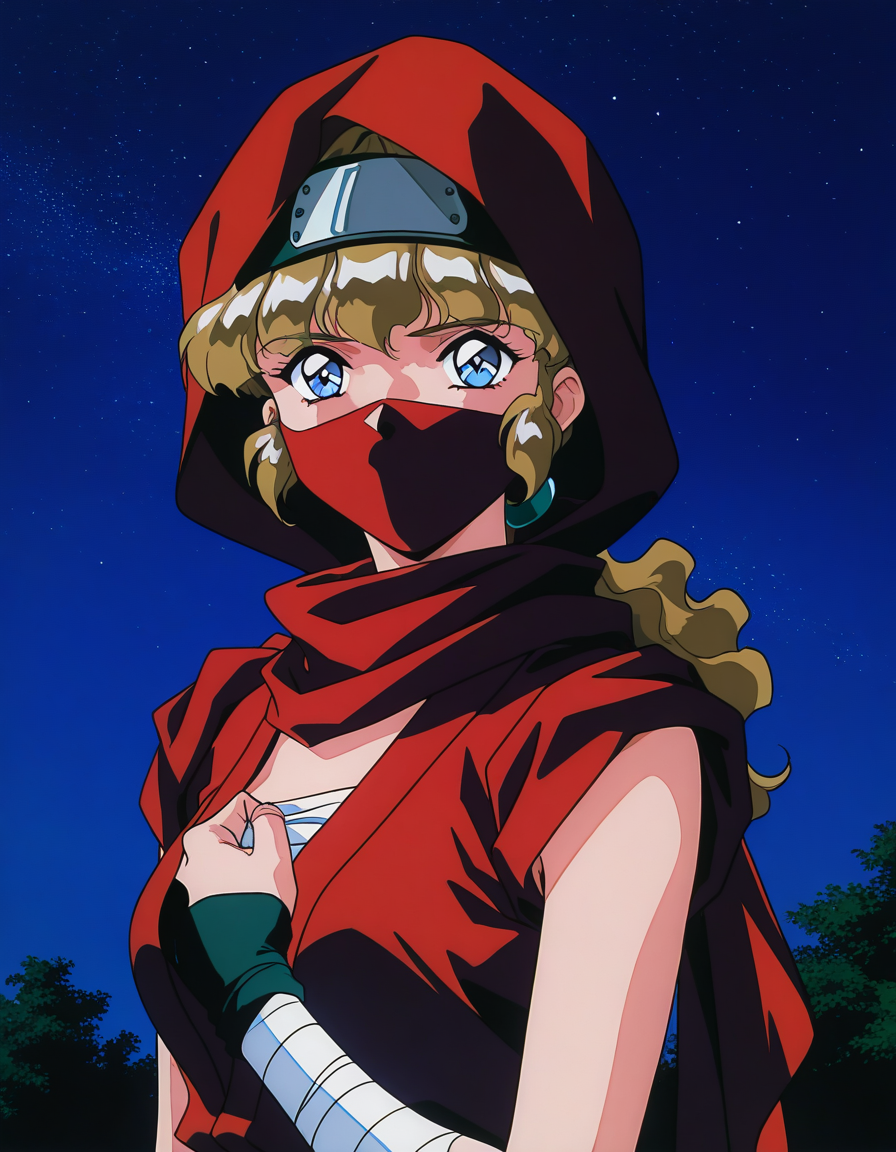 general,highres, ultra-detailed,very aesthetic,best quality ,best hands,  BREAK <lora:Kai_Fubuki_IS:1>Kai_Fubuki, 1girl,solo,lmedium breasts, 1990s (style), anime coloring,  
 ninja, sky, night, upper body, night sky, red mask, ninja mask, forehead protector, outdoors, covered mouth, star (sky), mouth mask, looking at viewer, blue eyes, hood, bandages, starry sky,
