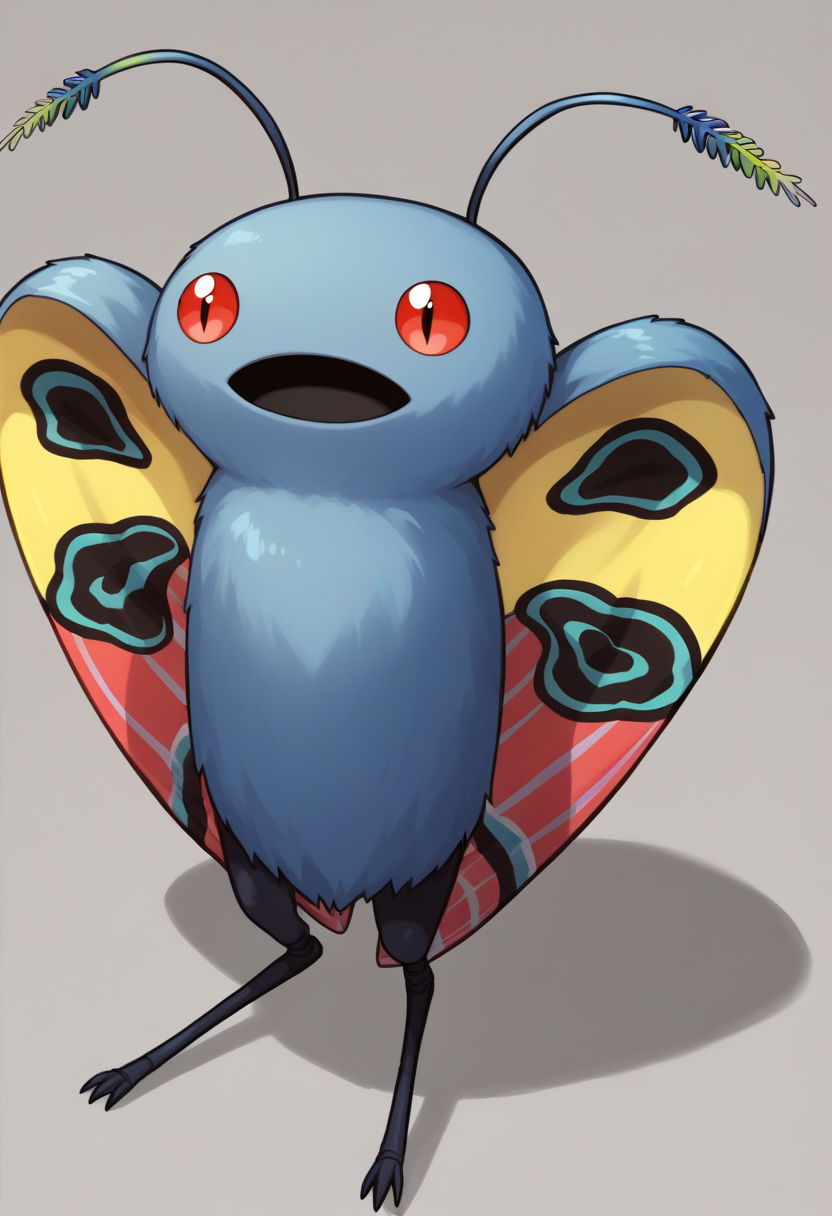 score_9, score_8_up, score_7_up, source_anime BREAK solo, pokemon \(creature\),  <lora:Mothman-pdxl_Fp:1>, mothman, red eyes, open mouth, antennae,