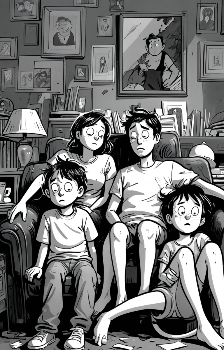 masterpiece,best quality,<lora:tbh373-sdxl:0.6>,illustration,style of exhausted people ,greyscale and white,comic portrait of family