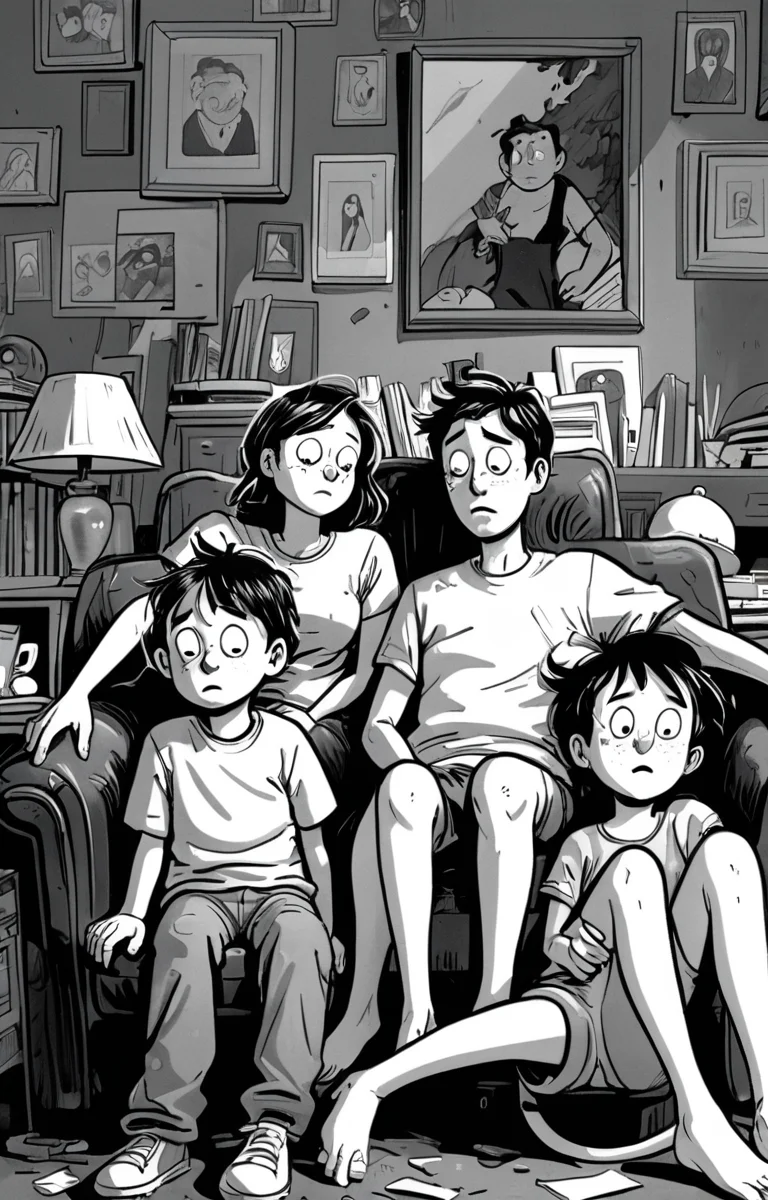 masterpiece,best quality,<lora:tbh373-sdxl:0.6>,illustration,style of exhausted people ,greyscale and white,comic portrait of family